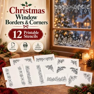 May include: A set of 12 printable Christmas window stencil sheets featuring black line art designs of holiday borders, corners, and village scenes. The text reads Christmas Window Borders & Corners, 12 Printable Stencils, A4 + US Letter, PDF, and Instant Download.
