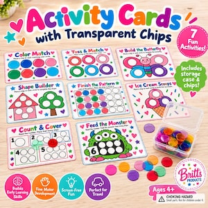 May include: A set of seven colorful activity cards with instructions for games like Color Match, Toss & Match, Build the Butterfly, Shape Builder, Finish the Pattern, Ice Cream Scoops, Count & Cover, and Feed the Monster, plus a clear plastic storage case filled with small, round, translucent plastic chips.