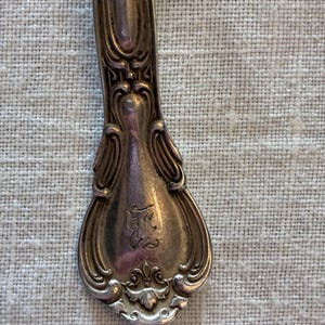 May include: A silver-toned metal spoon handle featuring an ornate, embossed scrollwork pattern and a decorative border. The handle displays a central engraved monogram consisting of the letters E and L intertwined in a cursive script style.