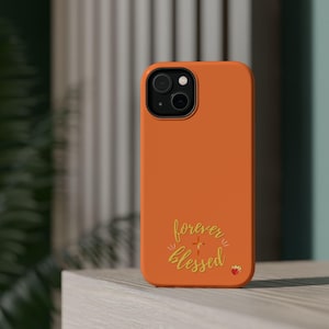 Christian Phone Case, Forever Blessed, Cross Heart Script, Orange Polycarbonate TPU (iPhone, Samsung), MagSafe