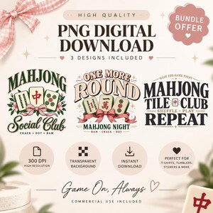 Peut inclure: Un lot de téléchargements numériques comprenant trois designs graphiques sur le thème du Mahjong. Les images présentent des tuiles de Mahjong, des rubans roses et des motifs floraux avec le texte Mahjong Social Club, One More Round et Mahjong Tile Club.