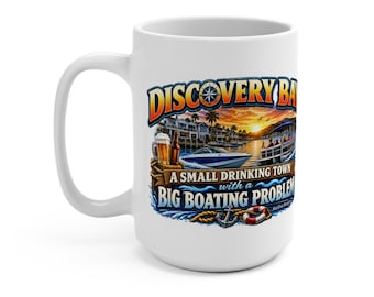 Discovery Bay Scene Mug | Delta Sunset, Fishing Boat, Palm Trees