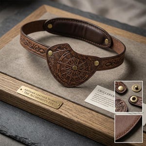Può includere: Una benda per occhio in pelle marrone con un design a bussola solare in rilievo e chiusure a scatto in ottone. Il cinturino include una sezione imbottita per il comfort. Una targhetta in metallo recita ARTISAN LEATHER WORKS - THE ALCHEMIST'S EYE - e una carta OEILLERER.