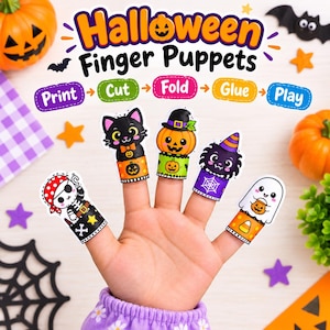 May include: Five paper Halloween finger puppets featuring a skeleton, a black cat, a pumpkin, a spider, and a ghost. The text reads Halloween Finger Puppets with instructions to Print, Cut, Fold, Glue, and Play. Each puppet has a colourful base.