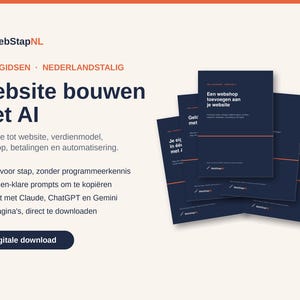 May include: A set of five digital PDF guides titled Website bouwen met AI by WebStapNL. The dark blue covers feature white text, orange horizontal lines, and the WebStapNL logo. The guides cover building websites with AI, including prompts for Claude, ChatGPT, and Gemini.
