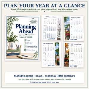 May include: A 2027 printable planner set featuring a cover page titled Planning Ahead with botanical illustrations, and four quarterly calendar pages labeled Jan-Mar, Apr-Jun, Jul-Sep, and Oct-Dec, each displaying seasonal imagery and monthly grids.