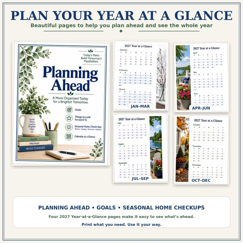 May include: A 2027 printable planner set featuring a cover page titled Planning Ahead with botanical illustrations, and four quarterly calendar pages labeled Jan-Mar, Apr-Jun, Jul-Sep, and Oct-Dec, each displaying seasonal imagery and monthly grids.