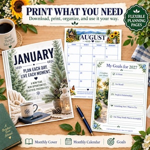 May include: A set of printable planning pages including a January cover sheet with winter imagery, an August calendar page with sunflowers, and a My Goals for 2027 sheet. The pages feature dark blue text, floral accents, and organized sections for daily planning.