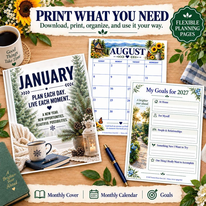 May include: A set of printable planning pages including a January cover sheet with winter imagery, an August calendar page with sunflowers, and a My Goals for 2027 sheet. The pages feature dark blue text, floral accents, and organized sections for daily planning.