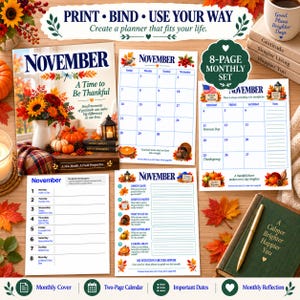 May include: An 8-page monthly planner set for November featuring a cover page with a sunflower bouquet, a two-page calendar with autumn motifs, a list of important dates, and a monthly reflection sheet, all decorated with fall leaves and pumpkins.