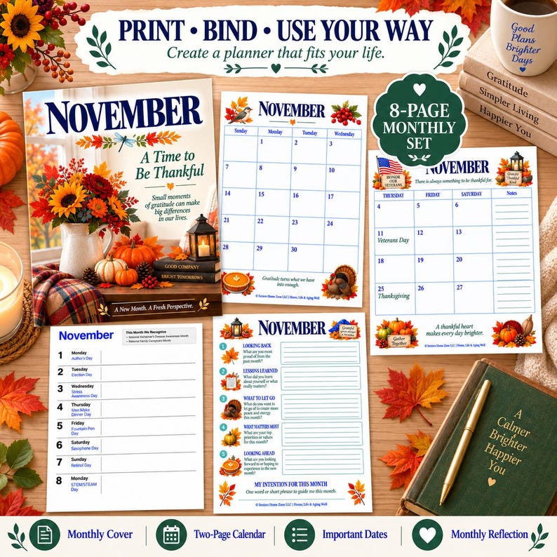 May include: An 8-page monthly planner set for November featuring a cover page with a sunflower bouquet, a two-page calendar with autumn motifs, a list of important dates, and a monthly reflection sheet, all decorated with fall leaves and pumpkins.