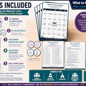 Puede incluir: Un juego de bingo What to Know sobre organizaci&oacute;n que incluye 35 tarjetas de jugador &uacute;nicas, 64 bolas de llamada, una hoja de control maestra, directrices para el facilitador y una gu&iacute;a para llevar. Descarga digital de archivos PDF.
