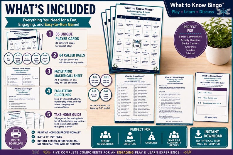 Puede incluir: Un juego de bingo What to Know sobre organizaci&oacute;n que incluye 35 tarjetas de jugador &uacute;nicas, 64 bolas de llamada, una hoja de control maestra, directrices para el facilitador y una gu&iacute;a para llevar. Descarga digital de archivos PDF.