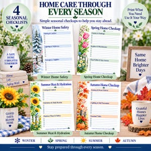 May include: Four seasonal home maintenance checklists titled Winter Home Safety, Spring Home Checkup, Summer Heat & Hydration, and Autumn Home Checkup. Each sheet features thematic illustrations and blank lines for tasks, designed to help organize home care.