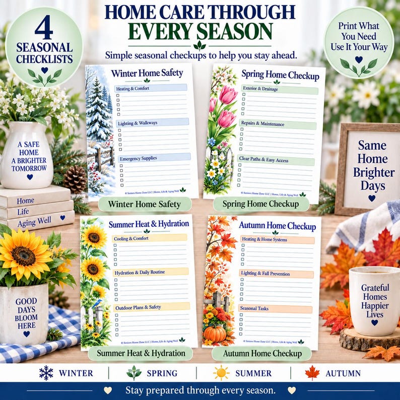 May include: Four seasonal home maintenance checklists titled Winter Home Safety, Spring Home Checkup, Summer Heat & Hydration, and Autumn Home Checkup. Each sheet features thematic illustrations and blank lines for tasks, designed to help organize home care.