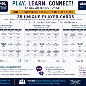 Puede incluir: Un juego de bingo What to Know sobre organizaci&oacute;n con 35 tarjetas de jugador &uacute;nicas y 64 temas. El tablero muestra tres tarjetas de ejemplo etiquetadas como Jugador 1, 17 y 35, cada una con una cuadr&iacute;cula de n&uacute;meros y tareas, adem&aacute;s de sugerencias.