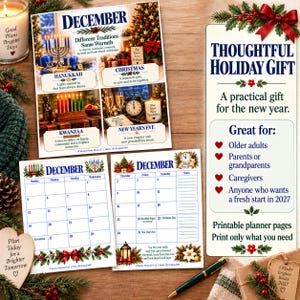 May include: A collection of printable December planner pages featuring holiday themes including Hanukkah, Christmas, Kwanzaa, and New Year's Eve. The pages display a calendar grid, festive illustrations, and text detailing holiday traditions and gift ideas.