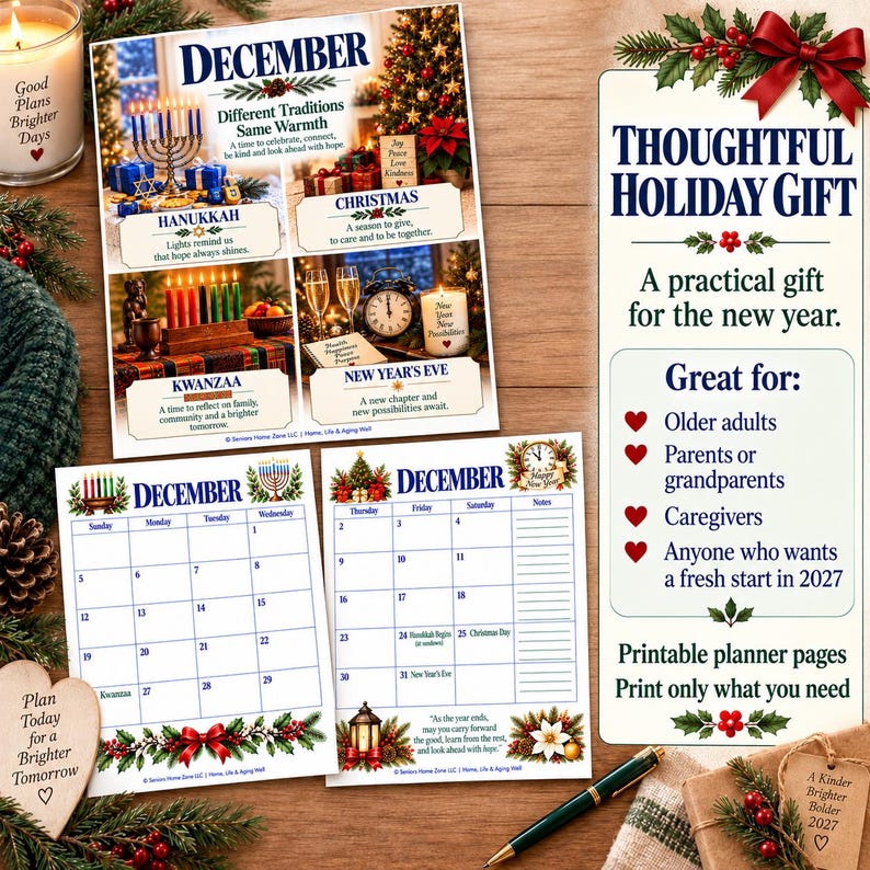 May include: A collection of printable December planner pages featuring holiday themes including Hanukkah, Christmas, Kwanzaa, and New Year's Eve. The pages display a calendar grid, festive illustrations, and text detailing holiday traditions and gift ideas.