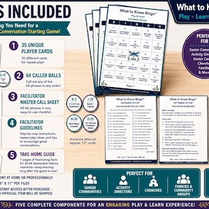 May include: A What to Know Bingo game set featuring 35 player cards, 64 caller balls with a 1.6-inch diameter, a facilitator master call sheet, facilitator guidelines, and a 7-page take-home guide. The set includes digital download instructions.
