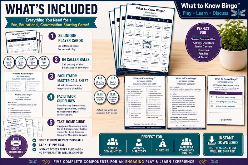 May include: A What to Know Bingo game set featuring 35 player cards, 64 caller balls with a 1.6-inch diameter, a facilitator master call sheet, facilitator guidelines, and a 7-page take-home guide. The set includes digital download instructions.