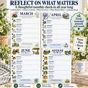 May include: A set of four monthly reflection planner pages for March, April, June, and August. Each page features seasonal illustrations, numbered prompts for looking back, lessons learned, what to let go, what matters most, and looking ahead.