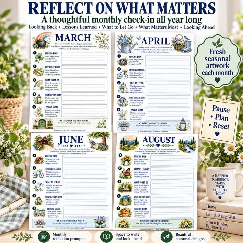 May include: A set of four monthly reflection planner pages for March, April, June, and August. Each page features seasonal illustrations, numbered prompts for looking back, lessons learned, what to let go, what matters most, and looking ahead.