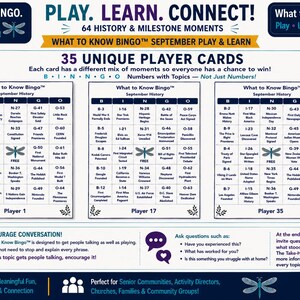 May include: A What to Know Bingo game set featuring 35 unique player cards with historical milestones. The cards include a grid labeled B-I-N-G-O with topics like World War II, the first elevator, and the first female justice in the Supreme Court.