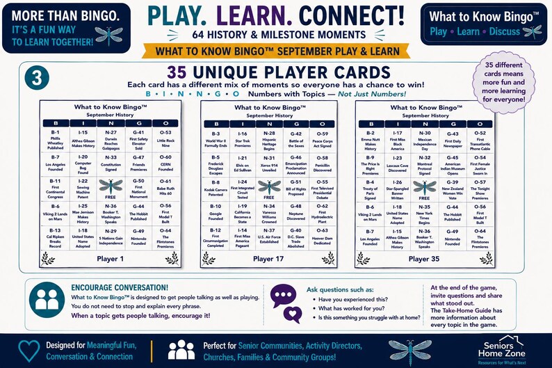 May include: A What to Know Bingo game set featuring 35 unique player cards with historical milestones. The cards include a grid labeled B-I-N-G-O with topics like World War II, the first elevator, and the first female justice in the Supreme Court.
