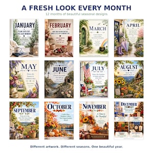 May include: A wall calendar featuring twelve monthly pages with seasonal illustrations and inspirational text. Each page displays the month name, a thematic scene, and quotes like Plan Each Day, Live Each Moment, and A Time to Be Thankful.