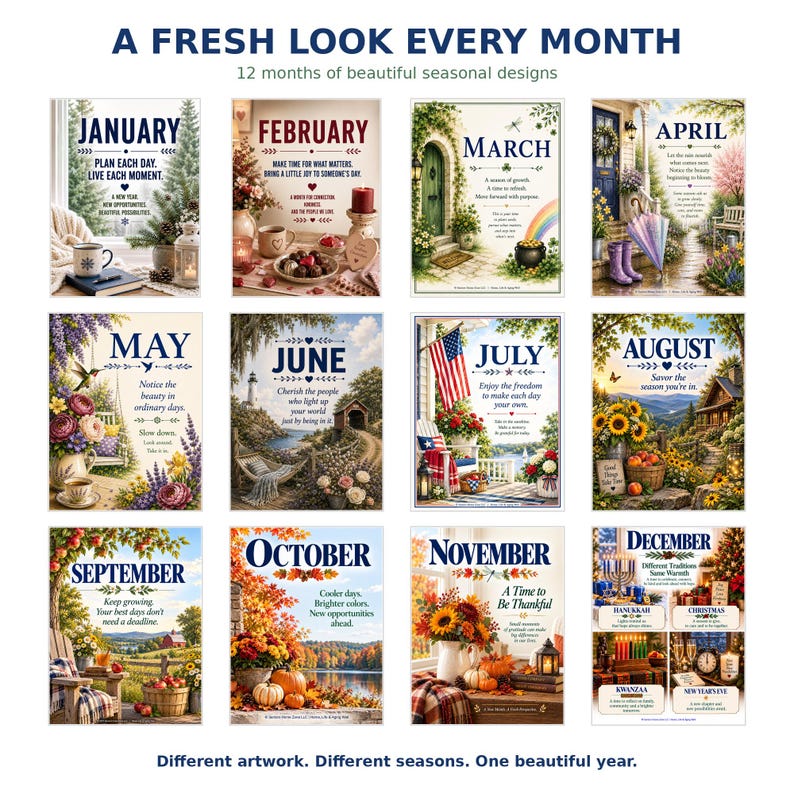 May include: A wall calendar featuring twelve monthly pages with seasonal illustrations and inspirational text. Each page displays the month name, a thematic scene, and quotes like Plan Each Day, Live Each Moment, and A Time to Be Thankful.
