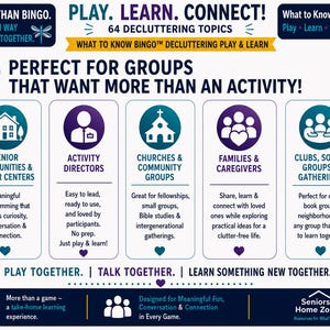 Puede incluir: Un gr&aacute;fico informativo titulado What to Know Bingo con 64 temas de organizaci&oacute;n. Destaca su uso para comunidades de mayores, directores de actividades, iglesias, familias y clubes, utilizando texto en azul y morado con iconos.