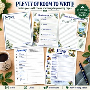 May include: A collection of planner pages featuring a Notes sheet, a 2027 goals page, a Things I'm Looking Forward To page, a January calendar, and a June reflection page. The pages include floral illustrations, text, and lines for writing.
