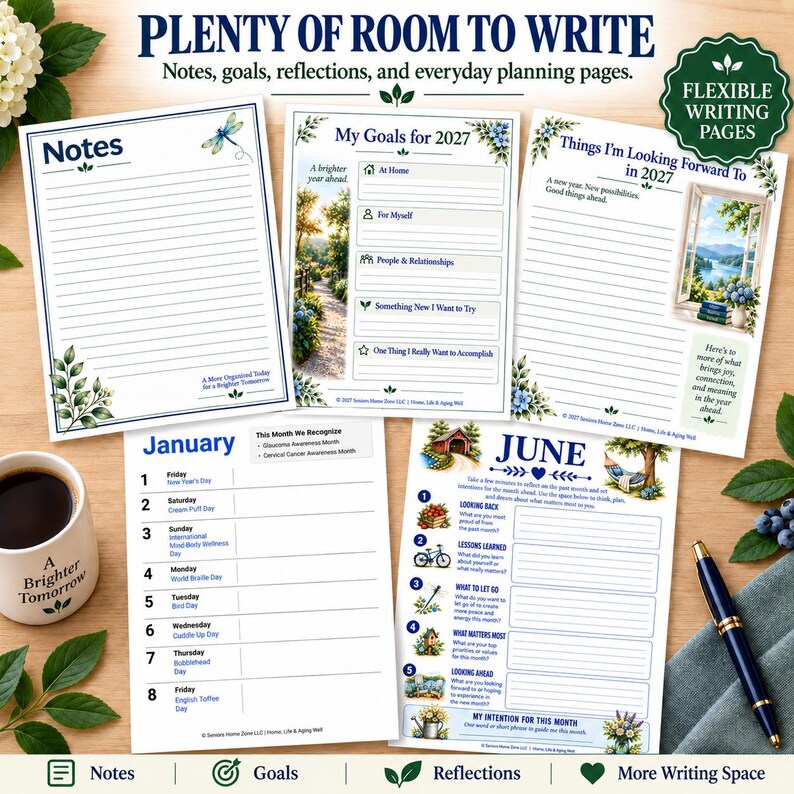 May include: A collection of planner pages featuring a Notes sheet, a 2027 goals page, a Things I'm Looking Forward To page, a January calendar, and a June reflection page. The pages include floral illustrations, text, and lines for writing.