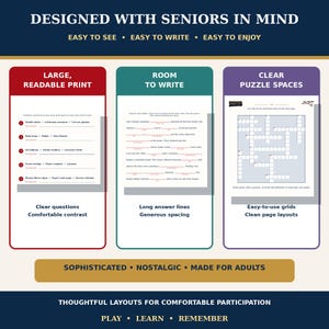 Pu&ograve; includere: Un grafico informativo sul prodotto intitolato DESIGNED WITH SENIORS IN MIND. Presenta tre pannelli verticali: un pannello rosso per LARGE, READABLE PRINT, un pannello verde acqua per ROOM TO WRITE e un pannello viola per CLEAR PUZZLE SPACES con attivit&agrave;.