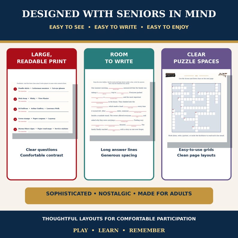Pu&ograve; includere: Un grafico informativo sul prodotto intitolato DESIGNED WITH SENIORS IN MIND. Presenta tre pannelli verticali: un pannello rosso per LARGE, READABLE PRINT, un pannello verde acqua per ROOM TO WRITE e un pannello viola per CLEAR PUZZLE SPACES con attivit&agrave;.