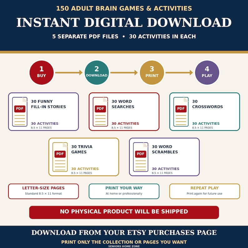 May include: A digital download set of 150 adult brain games and activities across 5 PDF files. Includes 30 funny fill-in stories, word searches, crosswords, trivia games, and word scrambles. Pages are 8.5 x 11 inches. No physical product will be shipped.
