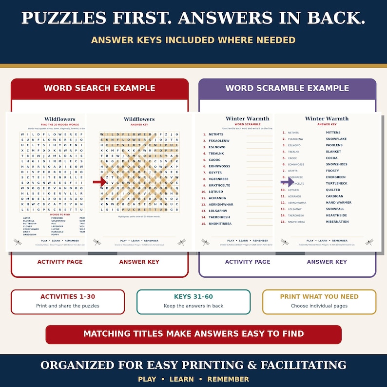 May include: A printable activity sheet set featuring word search and word scramble puzzles with corresponding answer keys. The layout includes clear headings, lists of words, and grid examples labeled Wildflowers and Winter Warmth for easy use.