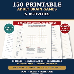May include: A collection of 150 printable adult brain games and activities on 8.5 x 11 inch PDF pages. The set includes 30 stories, word searches, crosswords, trivia games, and word scrambles, featuring large print and answer keys included.