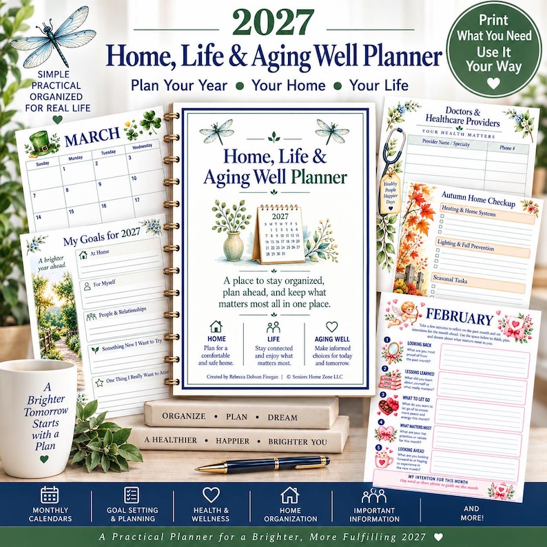 May include: A 2027 Home, Life & Aging Well Planner with spiral binding, featuring monthly calendar pages, goal setting sheets, and healthcare provider logs. The cover displays a 2027 calendar, dragonfly illustrations, and text about organizing home and life.