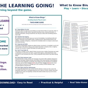 Może przedstawiać: Biała ulotka informacyjna zatytułowana What to Know Bingo z podtytułem Avoiding Scams Play & Learn. Dokument zawiera przewodnik z numerowanymi punktami od B-1 do B-6, wyjaśniającymi, jak rozpoznawać i unikać typowych oszustw.