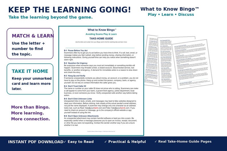 Może przedstawiać: Biała ulotka informacyjna zatytułowana What to Know Bingo z podtytułem Avoiding Scams Play & Learn. Dokument zawiera przewodnik z numerowanymi punktami od B-1 do B-6, wyjaśniającymi, jak rozpoznawać i unikać typowych oszustw.