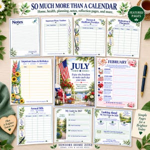 May include: A collection of planner pages featuring a July calendar with an American flag, sections for notes, important phone numbers, healthcare providers, medications, birthdays, annual bills, goals for 2027, and reflection pages for February.