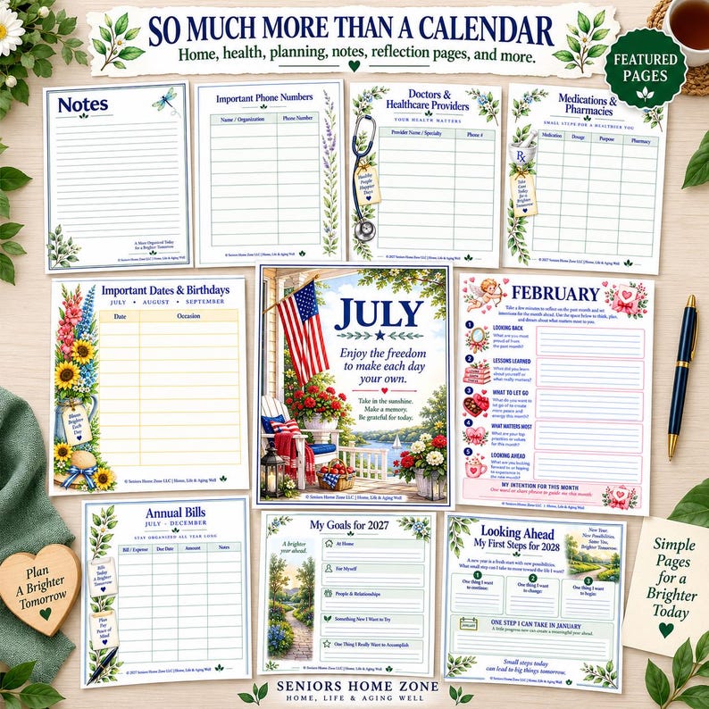 May include: A collection of planner pages featuring a July calendar with an American flag, sections for notes, important phone numbers, healthcare providers, medications, birthdays, annual bills, goals for 2027, and reflection pages for February.