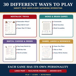 Pu&ograve; includere: Un grafico di una collezione di giochi intitolato 30 DIFFERENT WAYS TO PLAY. Presenta quattro categorie: Nostalgic Trivia, Word & Brain Games, Match, Choose & Order e Share, Laugh & Reminisce. Ogni sezione elenca attivit&agrave; specifiche come cruciverba.