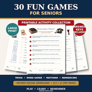 Pu&ograve; includere: Una raccolta di attivit&agrave; stampabili intitolata 30 Fun Games for Seniors, che include giochi di parole e trivia a caratteri grandi. Le pagine contengono domande Remember When, illustrazioni di oggetti vintage e chiavi di risposta in formato PDF.