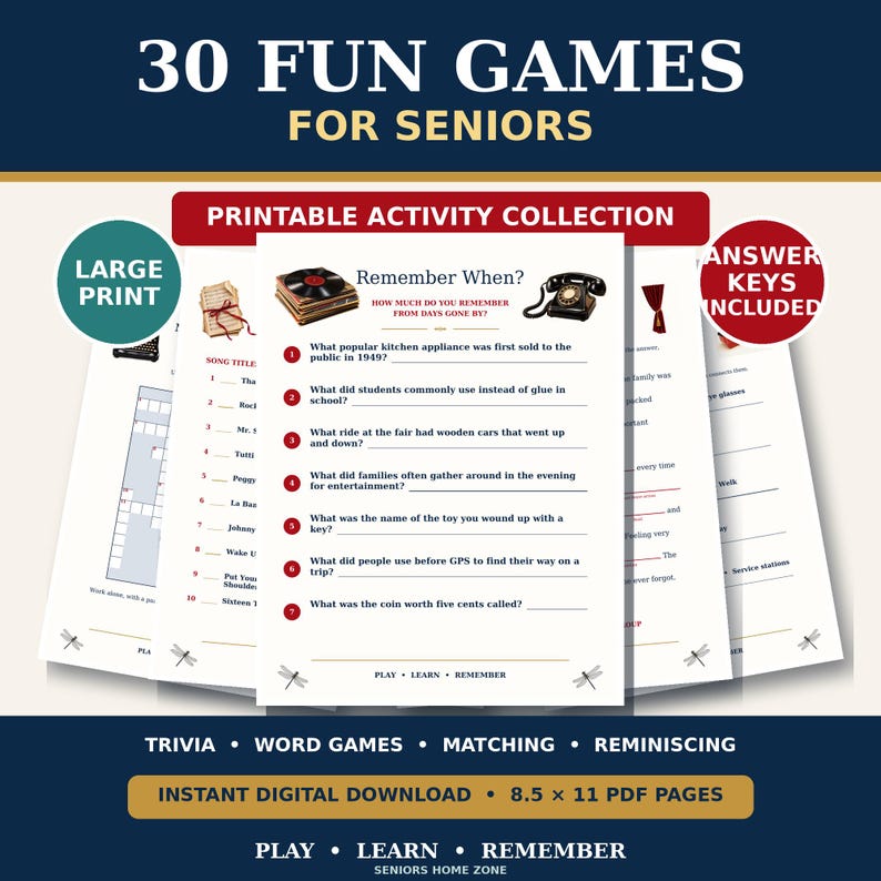 Pu&ograve; includere: Una raccolta di attivit&agrave; stampabili intitolata 30 Fun Games for Seniors, che include giochi di parole e trivia a caratteri grandi. Le pagine contengono domande Remember When, illustrazioni di oggetti vintage e chiavi di risposta in formato PDF.