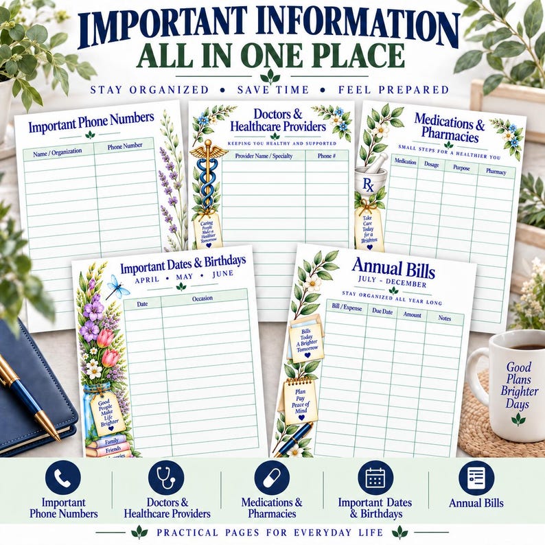 May include: A set of five printable planner pages featuring floral borders and headers including Important Phone Numbers, Doctors & Healthcare Providers, Medications & Pharmacies, Important Dates & Birthdays, and Annual Bills with organized columns.