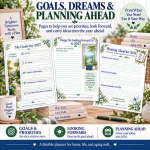 May include: A set of printable planner pages titled Goals, Dreams & Planning Ahead, featuring sections for 2027 and 2028. The pages include floral borders, text prompts for goal setting, and illustrations of landscapes, books, and a dragonfly.