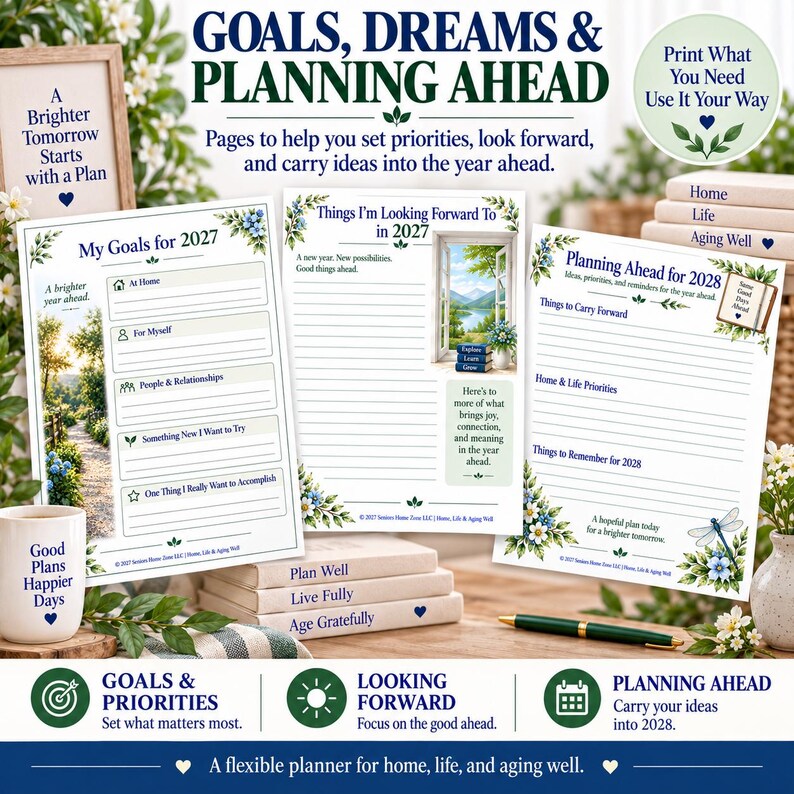 May include: A set of printable planner pages titled Goals, Dreams & Planning Ahead, featuring sections for 2027 and 2028. The pages include floral borders, text prompts for goal setting, and illustrations of landscapes, books, and a dragonfly.