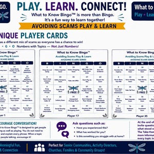 Może przedstawiać: Zestaw do gry What to Know Bingo zatytułowany Avoiding Scams Play & Learn, zawierający trzy unikalne karty gracza z układami siatki, ikonami ważek i edukacyjnymi tekstami zaprojektowanymi w celu ułatwienia dyskusji grupowej na temat zapobiegania oszustwom.